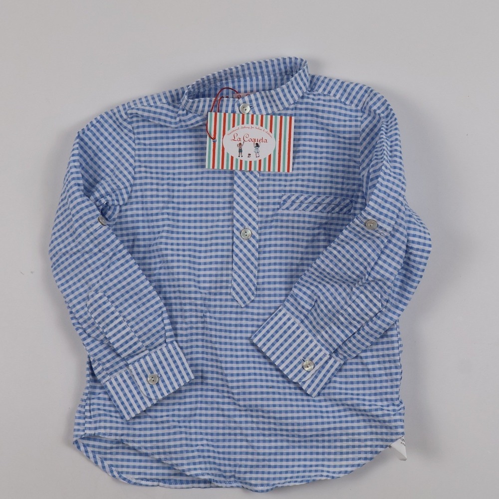 La Coqueta Mateo Long Sleeve Boy Shirt Blue Gingham 3Y NWT